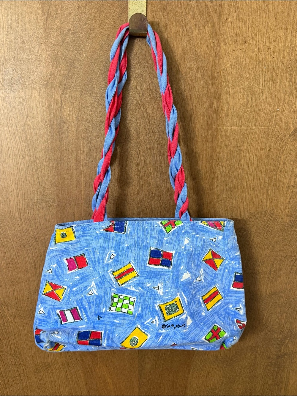 Sally Huss Blue Nautical Flag Shoulder Bag with Braided Pink & Blue Handles
